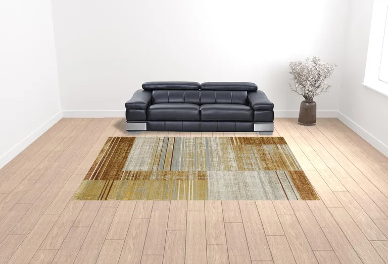 Rust Gold Blue Grey Ivory And Tan Geometric Power Loom Stain Resistant Area Rug With Fringe Photo 2