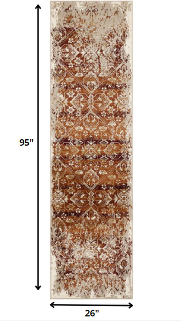 Rust Ivory Distressed Diamonds Runner Rug Photo 3