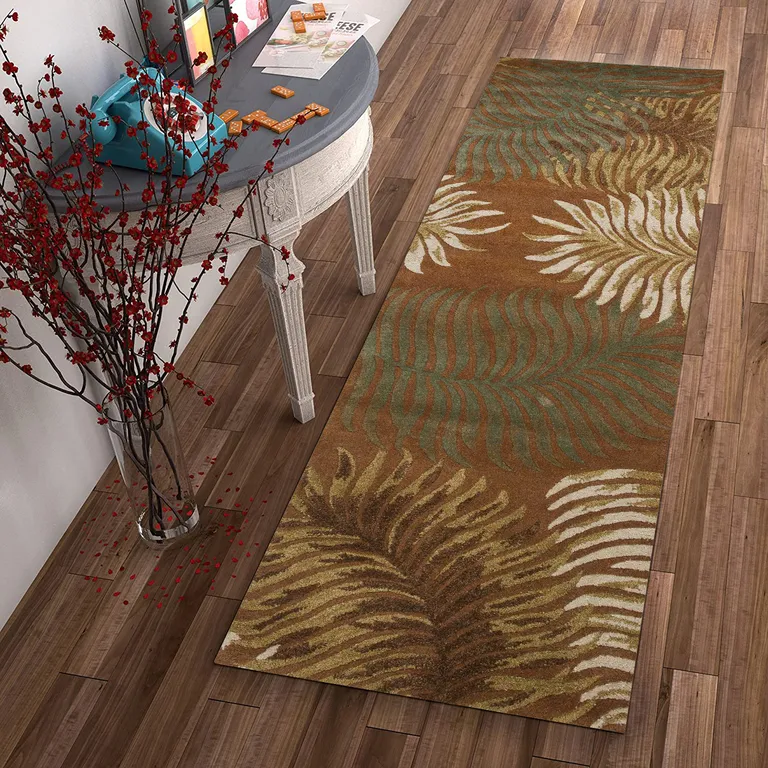 Rust Orange Hand Tufted Tropical Leaves Indoor Runner Rug Photo 4