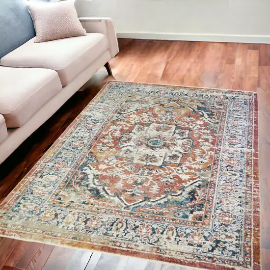 Rust Oriental Distressed Area Rug With Fringe Photo 1