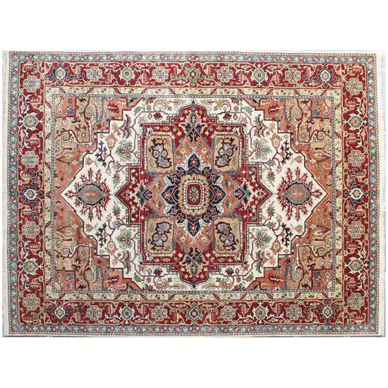 Rust and Gray Oriental Hand Knotted Area Rug With Fringe Photo 2