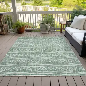 Photo of Sage Green And Ivory Geometric Washable Indoor Outdoor Area Rug