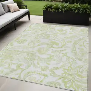 Photo of Sage Green And Ivory Paisley Washable Indoor Outdoor Area Rug