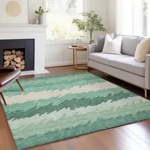 Photo of Sage Green And Ivory Striped Washable Indoor Outdoor Area Rug