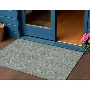 Photo of Sage Green And Silver Floral Washable Indoor Outdoor Area Rug