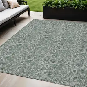 Photo of Sage Green And Silver Floral Washable Indoor Outdoor Area Rug