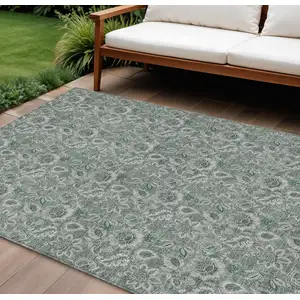 Photo of Sage Green And Silver Floral Washable Indoor Outdoor Area Rug