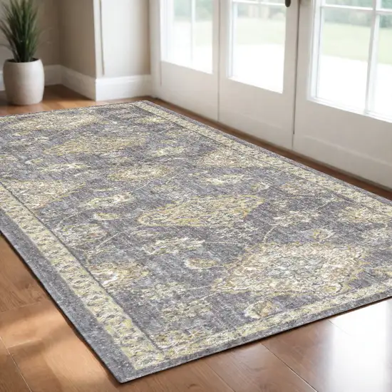 Sage Green Floral Vine Bordered Wool Indoor Area Rug Photo 1