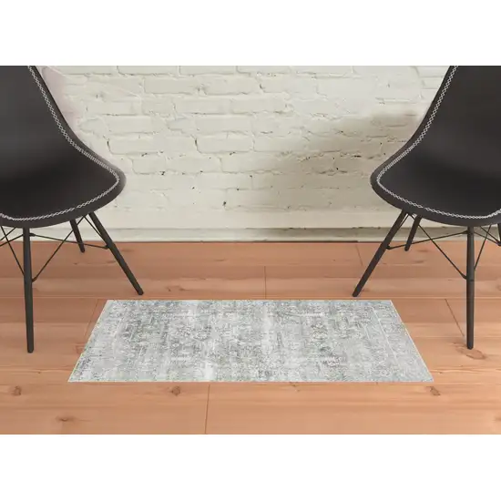 Sage Green Grey Ivory And Silver Oriental Printed Stain Resistant Non Skid Area Rug Photo 2