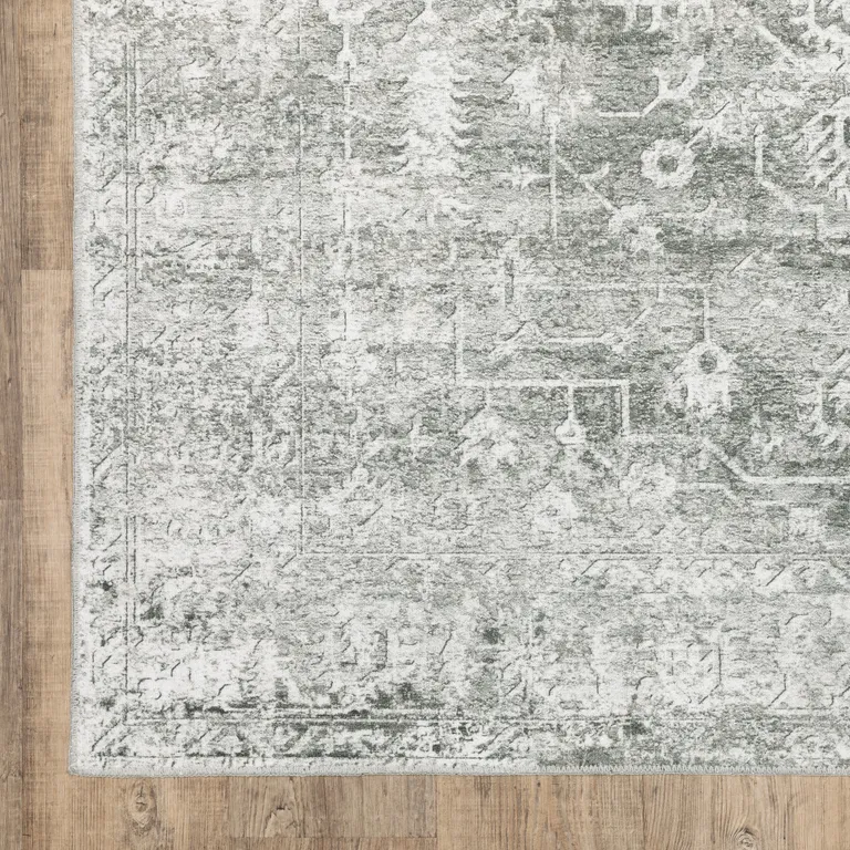 Sage Green Grey Ivory And Silver Oriental Printed Stain Resistant Non Skid Area Rug Photo 4