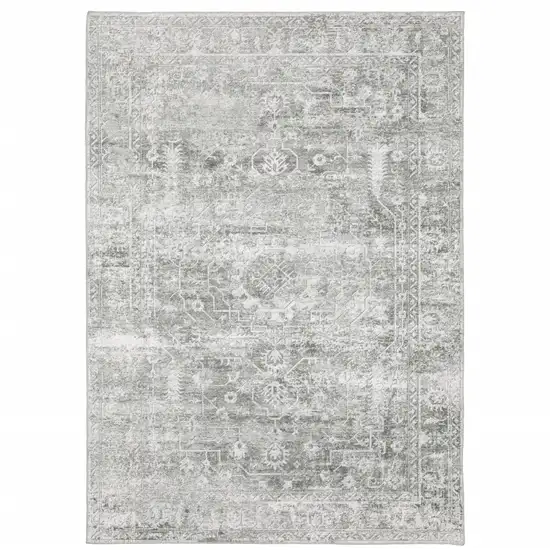 Sage Green Grey Ivory And Silver Oriental Printed Stain Resistant Non Skid Area Rug Photo 1