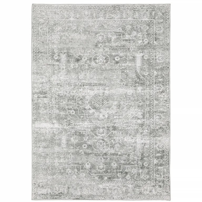 Sage Green Grey Ivory And Silver Oriental Printed Stain Resistant Non Skid Area Rug Photo 1