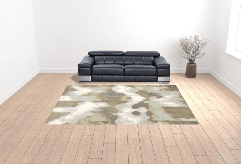 Sage Grey And Brown Abstract Power Loom Stain Resistant Area Rug Photo 2