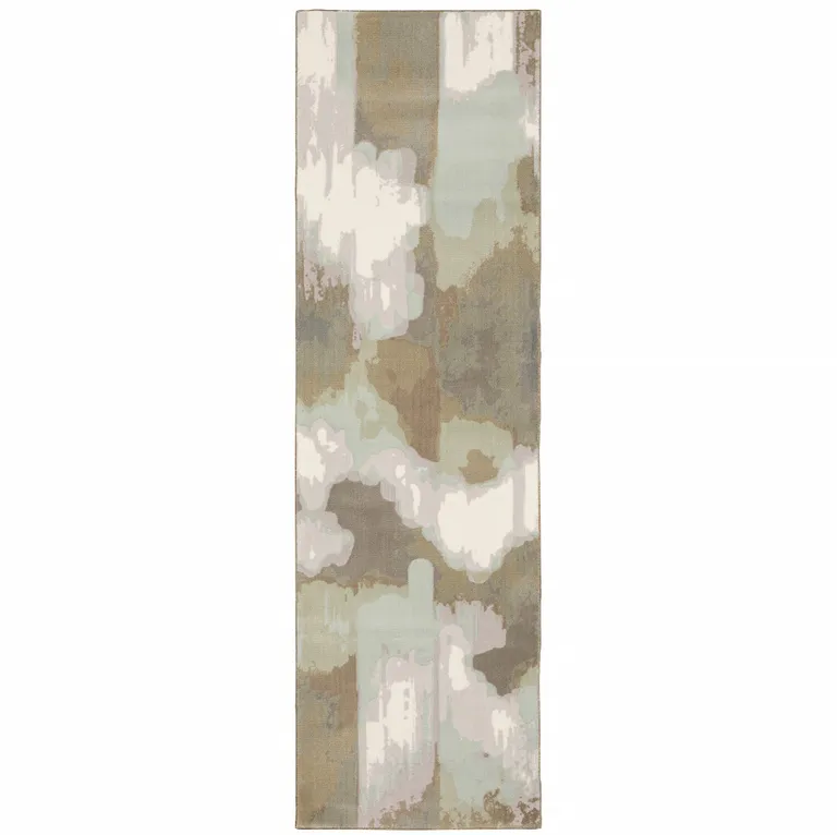 Sage Grey And Brown Abstract Power Loom Stain Resistant Runner Rug Photo 1