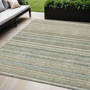 Photo of Sage Mint Green And Beige Striped Washable Indoor Outdoor Area Rug