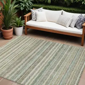 Photo of Sage Mint Green And Beige Striped Washable Indoor Outdoor Area Rug