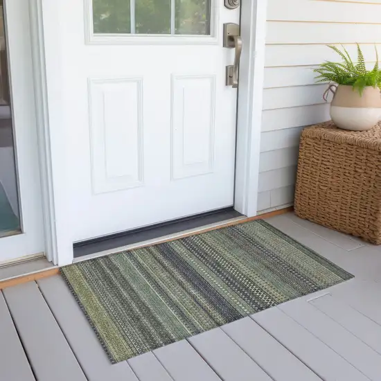 Sage Striped Washable Non Skid Indoor Outdoor Area Rug Photo 7