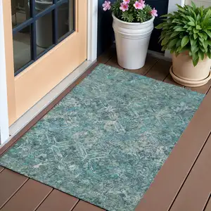 Photo of Sage Teal Blue And Gray Geometric Washable Indoor Outdoor Area Rug