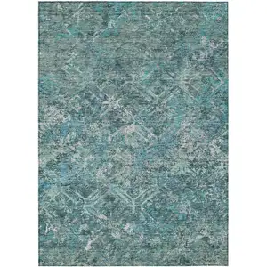 Photo of Sage Teal Blue And Gray Geometric Washable Indoor Outdoor Area Rug