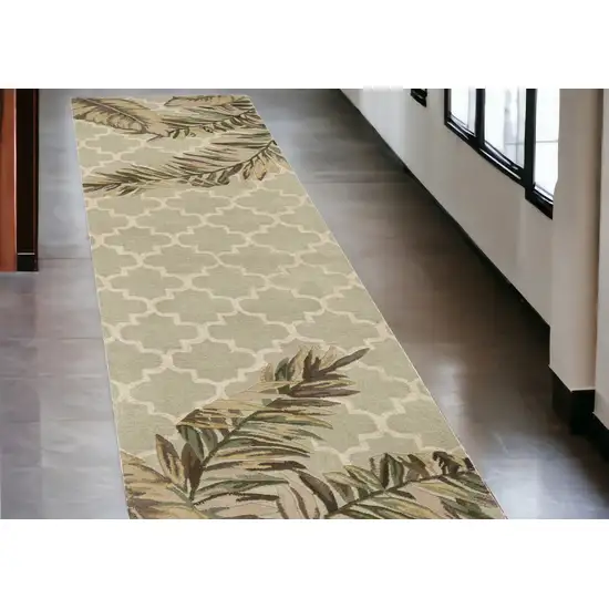 2' X 10' Sage Tropical Leaves Mosaic Wool Indoor Runner Rug Photo 1