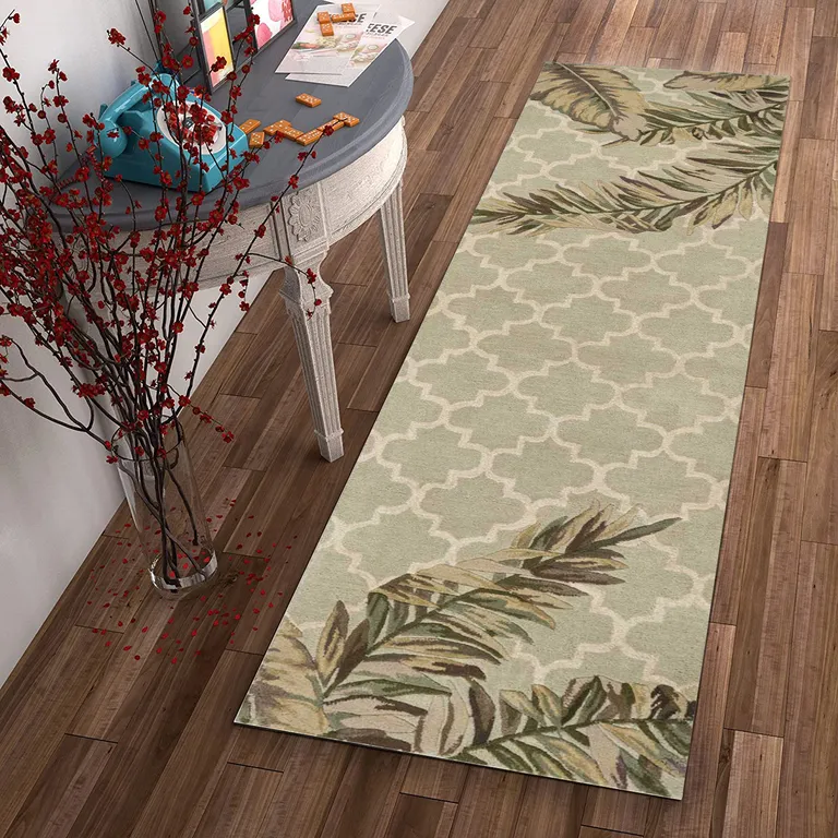 Sage Tropical Leaves Mosaic Wool Indoor Runner Rug Photo 4