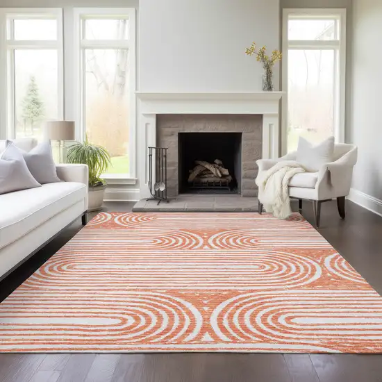 Orange and Ivory Abstract Washable Non Skid Indoor Outdoor Area Rug Photo 9