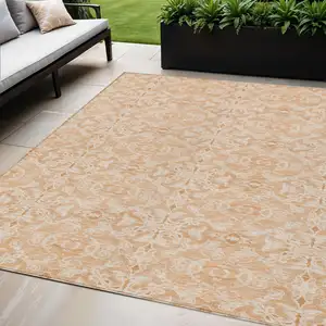 Photo of Salmon And Beige Medallion Washable Indoor Outdoor Area Rug