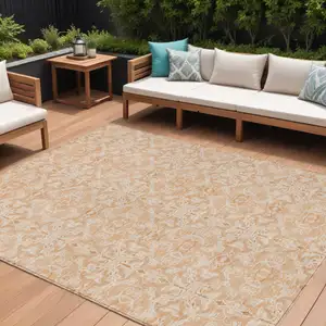 Photo of Salmon And Beige Medallion Washable Indoor Outdoor Area Rug