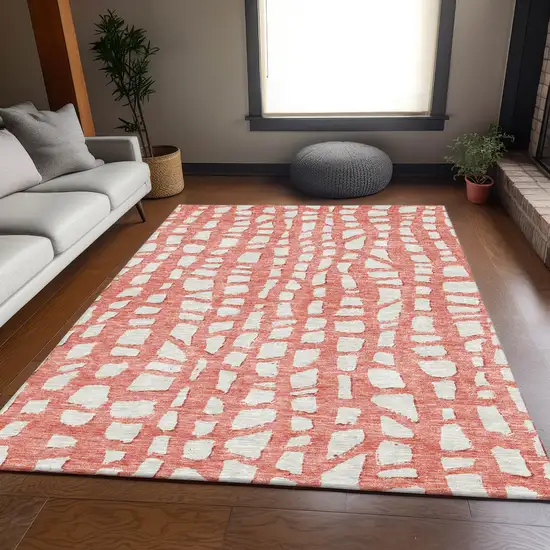 Salmon And Ivory Abstract Washable Indoor Outdoor Area Rug Photo 8