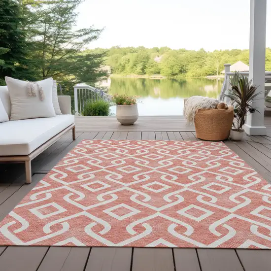 Salmon And Ivory Geometric Washable Indoor Outdoor Area Rug Photo 7