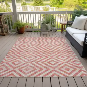 Photo of Salmon And Ivory Geometric Washable Indoor Outdoor Area Rug