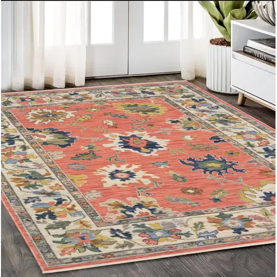 Salmon Blue And Yellow Oriental Area Rug With Fringe Photo 1