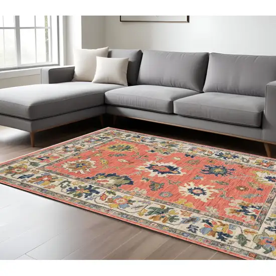 Salmon Blue And Yellow Oriental Area Rug With Fringe Photo 1