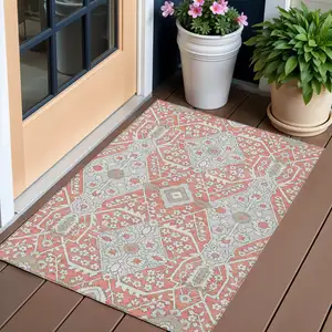 Photo of Salmon Gray And Taupe Floral Washable Indoor Outdoor Area Rug