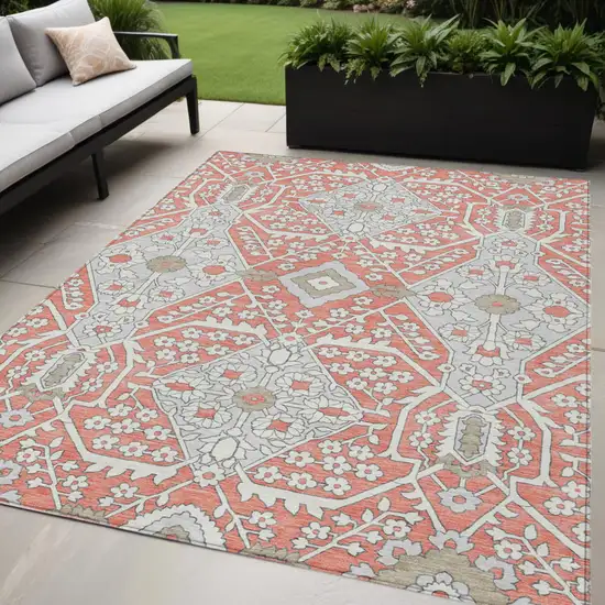 Salmon Gray And Taupe Floral Washable Indoor Outdoor Area Rug Photo 1