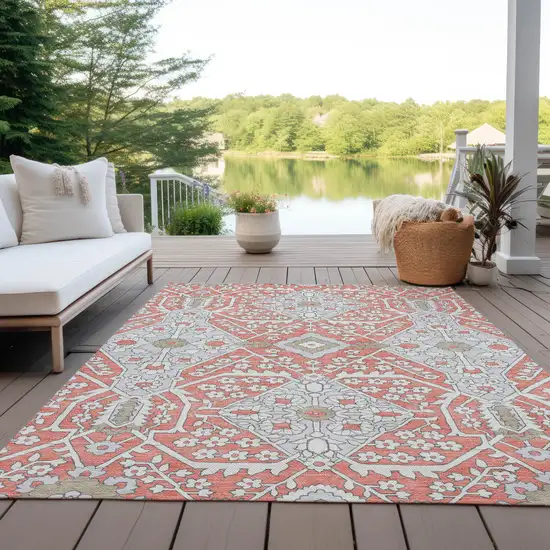 Salmon Gray And Taupe Floral Washable Indoor Outdoor Area Rug Photo 9