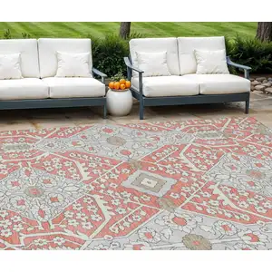 Photo of Salmon Gray And Taupe Floral Washable Indoor Outdoor Area Rug