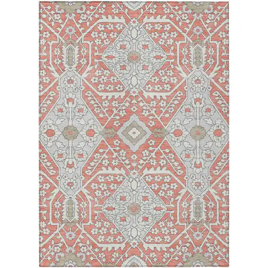 Salmon Gray And Taupe Floral Washable Indoor Outdoor Area Rug Photo 2