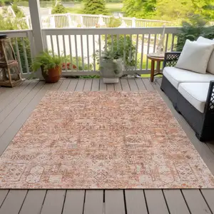 Photo of Salmon Orange And Gray Floral Washable Indoor Outdoor Area Rug