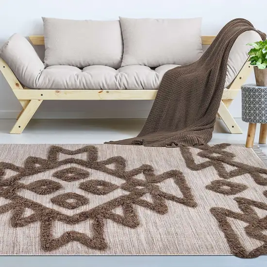 Sand And Taupe Wool Geometric Flatweave Handmade Stain Resistant Area Rug With Fringe Photo 8