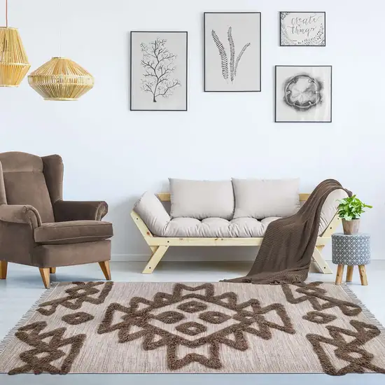 Sand And Taupe Wool Geometric Flatweave Handmade Stain Resistant Area Rug With Fringe Photo 6