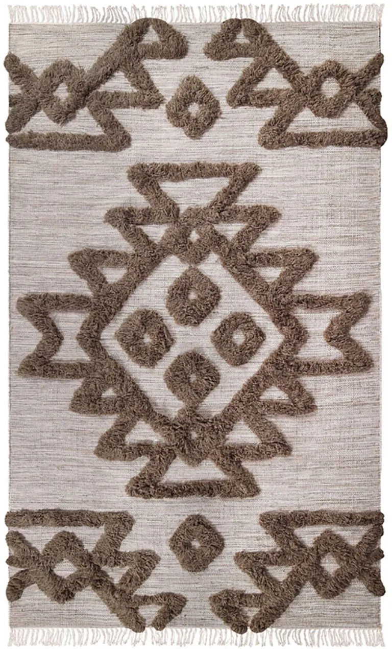 Sand And Taupe Wool Geometric Power Loom Stain Resistant Area Rug With Fringe Photo 1