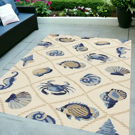 5'X8' Sand Beige Hand Hooked Uv Treated Coastal Sea Life Indoor Outdoor Area Rug Photo 1