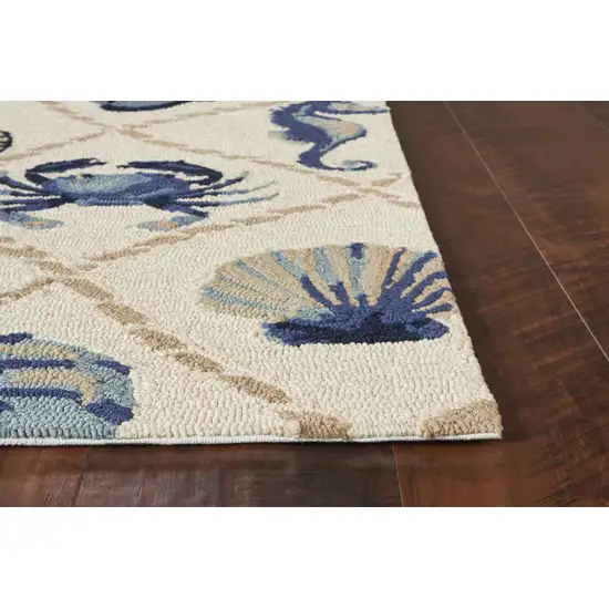 Sand Beige Hand Hooked UV Treated Coastal Sea Life Indoor Outdoor Area Rug Photo 5