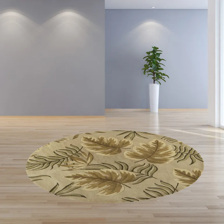 Sand Beige Hand Tufted Tropical Leaves Round Indoor Area Rug Photo 4