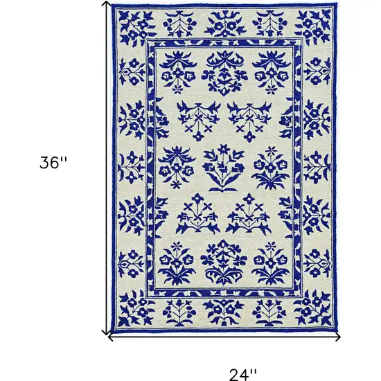 2'X3' Sand Blue Hand Hooked Uv Treated Floral Traditional Indoor Outdoor Accent Rug Photo 6