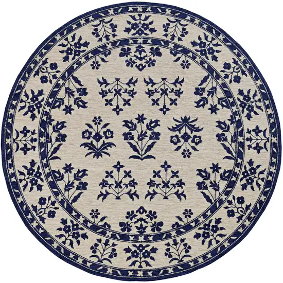 Sand Blue Hand Hooked UV Treated Traditional Floral Design Indoor Outdoor Rug Photo 2