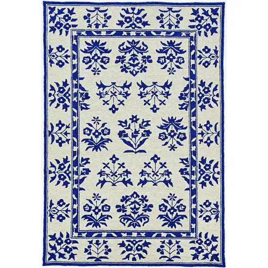 Sand Blue Hand Hooked UV Treated Traditional Floral Design Indoor Outdoor Rug Photo 7