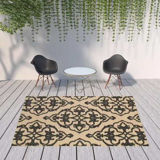 Sand Oriental Stain Resistant Indoor Outdoor Area Rug Photo 2