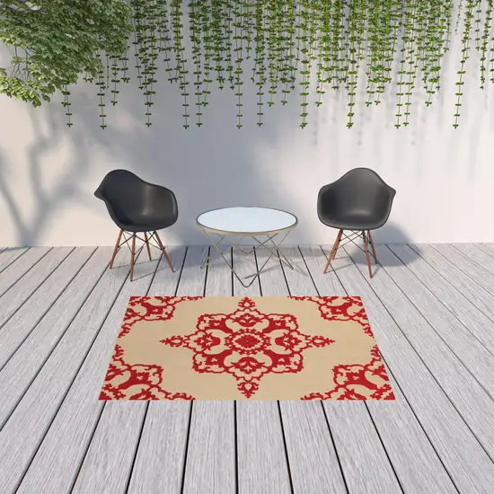 Sand Oriental Stain Resistant Indoor Outdoor Area Rug Photo 2